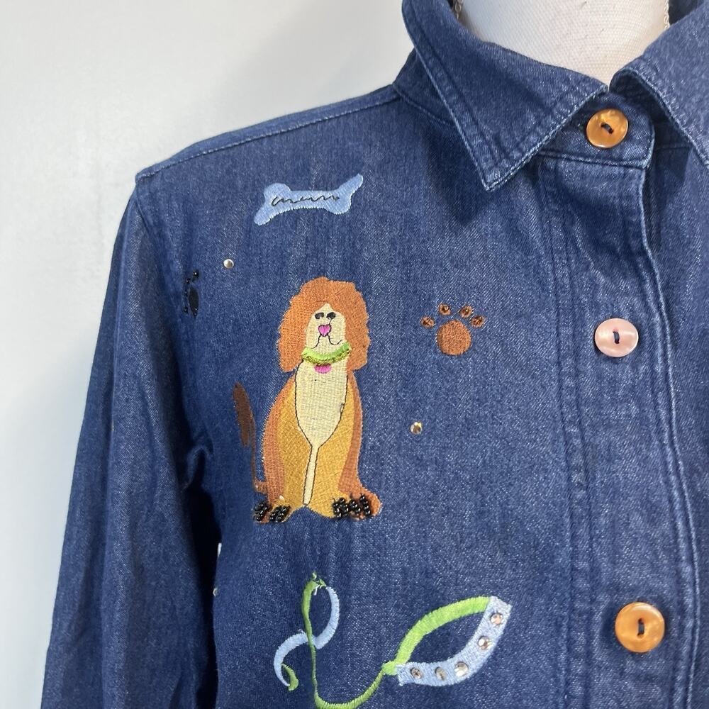 The Quacker Factory Denim Jean Shirt size Small Dogs Dalmatian Embroidery Beads - Picture 4 of 11